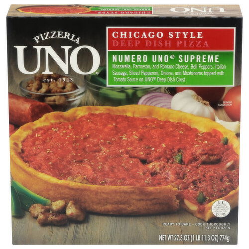 Pizzeria UNO Made with Mozzarella, Parmesan, & Romano Cheese, Pepperoni, Italian Sausage, Onions, & Mushrooms topped with Tomato Sauce on Uno Deep Dish Crust. High quality, handmade deep dish restaurant pizza at home as you get together with friends & family anytime.