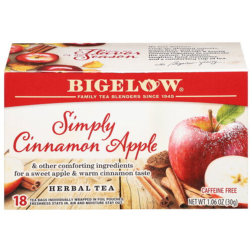 Bigelow Bigelow Simply Cinnamon Apple, Caffeine Free Herbal Tea, Tea Bags, 18 TB, 18 individually wrapped tea bags