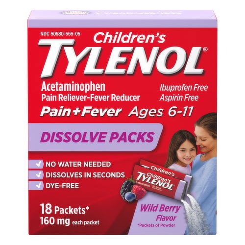 Tylenol Pain + Fever, Children's, 160 mg, Packets, Wild Berry Flavor, Dissolve Packs