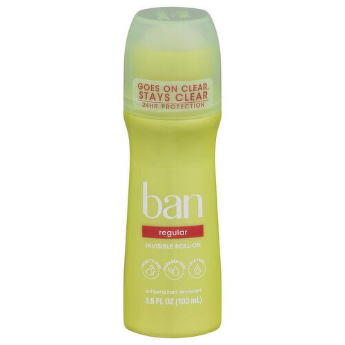 Ban Antiperspirant Deodorant, Invisible, Roll-On, Regular