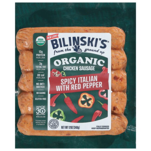Bilinski's Chicken Sausage, Organic, Spicy Italian with Red Pepper