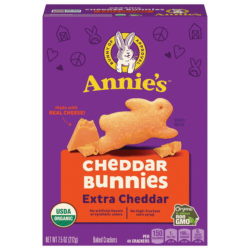 Annie's Baked Crackers, Organic, Extra Cheddar, Cheddar Bunnies