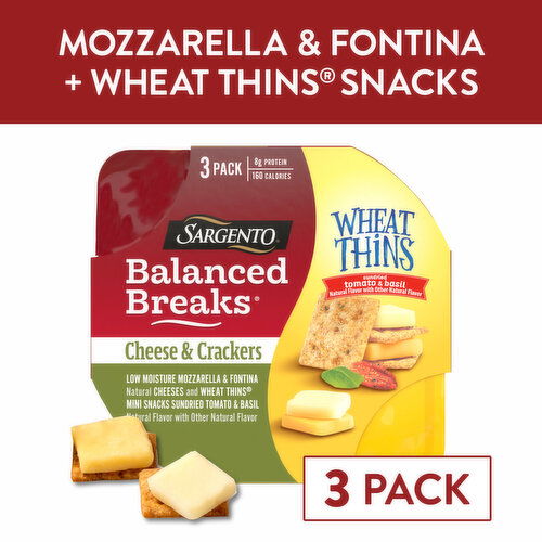 SARGENTO Balanced Breaks® Cheese & Crackers, Low Moisture Mozzarella & Fontina Natural Cheeses and WHEAT THINS® Mini Snacks Sundried Tomato & Basil Natural Flavor With Other Natural Flavor Snack Kit, 3-Pack