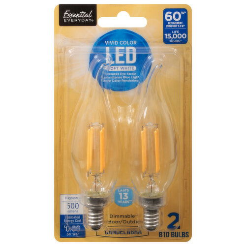 Essential Everyday Light Bulbs, B10, LED, Candelabra, Vivid Color, Soft White, 60 Watts