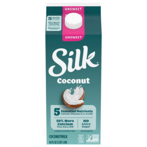 Silk Silk Coconut Milk, Unsweet, Dairy Free, Gluten Free, Delicious Vegan Milk with 50% More Calcium than Dairy Milk, 64 FL OZ Half Gallon