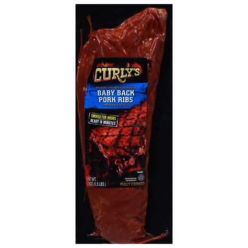 Curly's Baby Back Pork Ribs, with Barbecue Sauce, Hickory Smoked & Seasoned