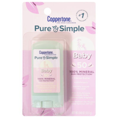 Coppertone Pure & Simple Sunscreen, Stick, Baby, SPF 50