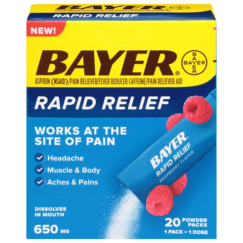 Bayer Rapid Relief, Raspberry Flavor, 650 mg, Powder Packs