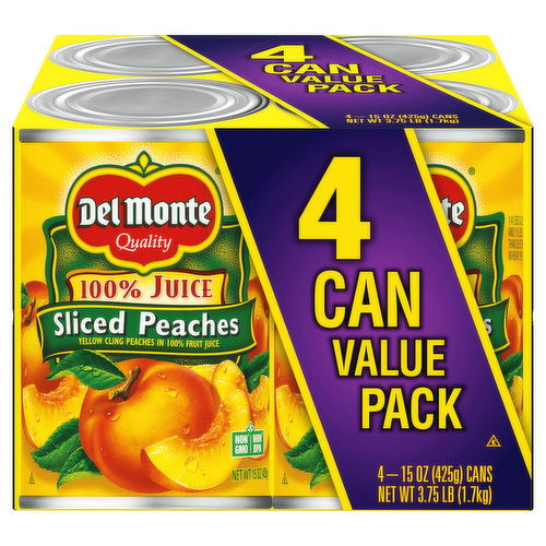 Del Monte Sliced Peaches, 100% Juice, Value Pack