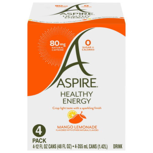 Aspire Energy Drink, Healthy, Mango Lemonade, 4 Pack