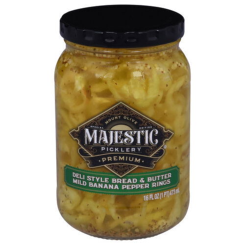 Majestic Banana Pepper Rings Pickles, Deli Style Bread & Butter, Mild, Premium