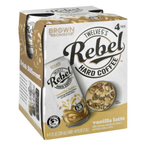 Rebel Hard Coffee Malt Beverage, Vanilla Latte, 4 Pack