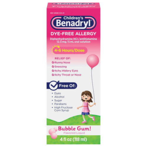 Benadryl Children's Allergy, Dye-Free, Liquid, Bubble Gum! Flavored