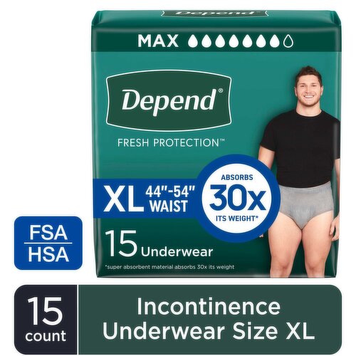 Depend Fresh Protection Incontinence Underwear for Men, Maximum Absorbency, XL, Grey