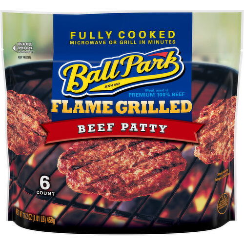 Ball Park Ball Park Fully-Cooked Flame Grilled Original Beef Patties, Frozen, Resealable Package, 6 Count