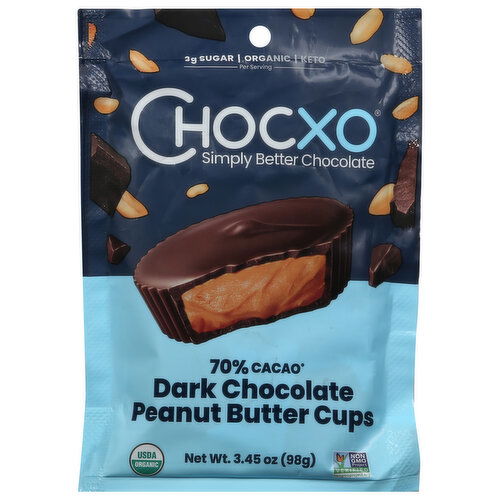 ChocXo Peanut Butter Cups, Dark Chocolate, 70% Cacao