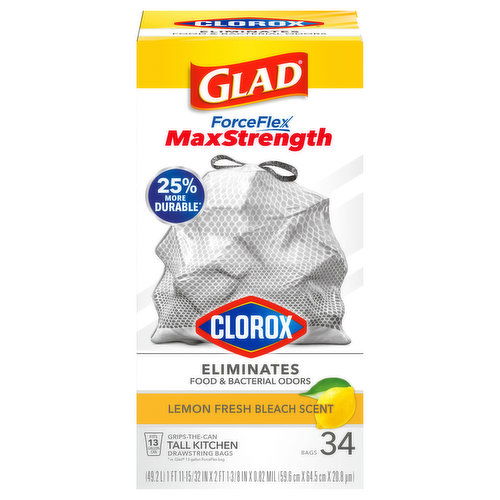 Glad ForceFlex Plus Drawstring Bags, Kitchen, Tall, Max Strength, Lemon Fresh Bleach Scent, 13 Gallon