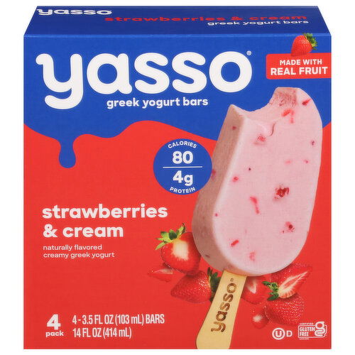 Yasso Yogurt Bars, Greek, Strawberries & Cream, 4 Pack