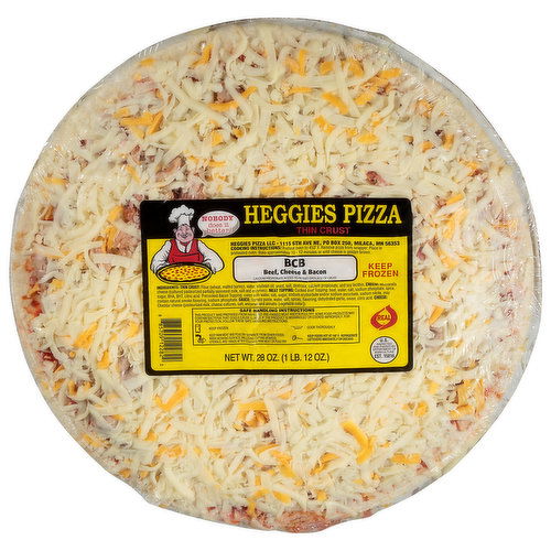 Heggies Pizza Pizza, Thin Crust, Beef, Cheese & Bacon