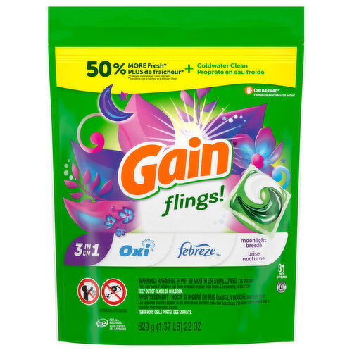 Gain Flings! Detergent, 3 in 1, Moonlight Breeze, Pacs