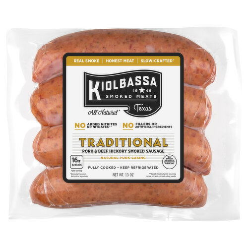 Kiolbassa Sausage, Traditional, Pork & Beef, Hickory Smoked