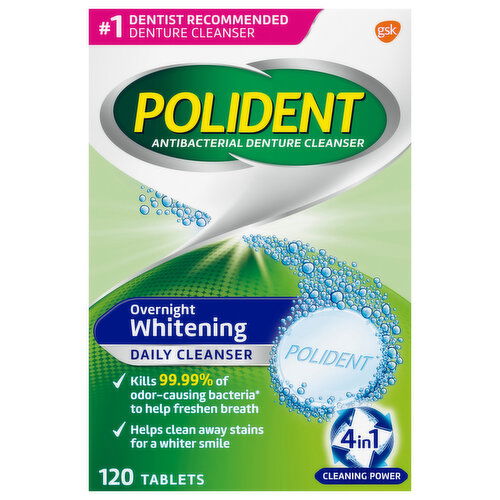 Polident Daily Cleanser, Whitening, Overnight, 4 in 1, Tablets