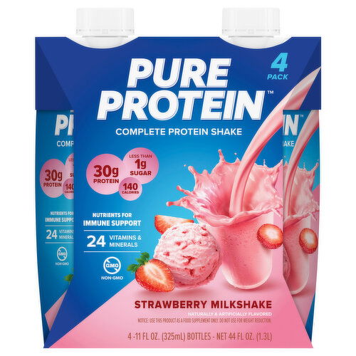 Pure Protein Protein Shake, Complete, Strawberry Milkshake, 4 Pack