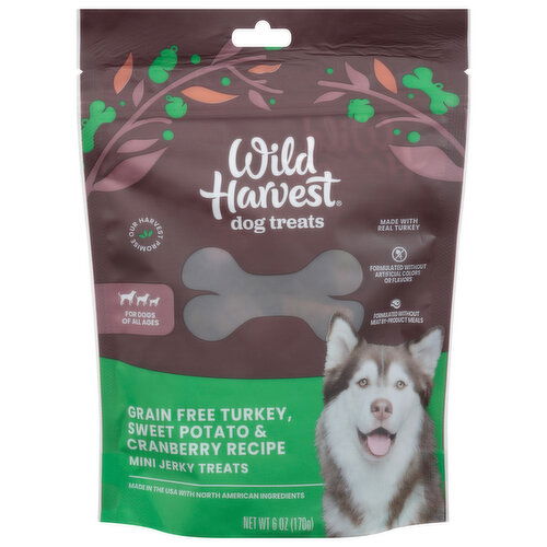 Wild Harvest Dog Treats, Grain Free, Turkey, Sweet Potato & Cranberry Recipe, Jerky, All Ages, Mini