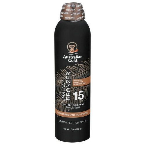 Australian Gold Sunscreen, Continuous Spray, Instant Bronzer, Broad Spectrum SPF 15