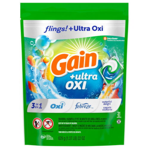 Gain Flings! +Ultra Oxi Detergent, Waterfall Delight, 3 in 1