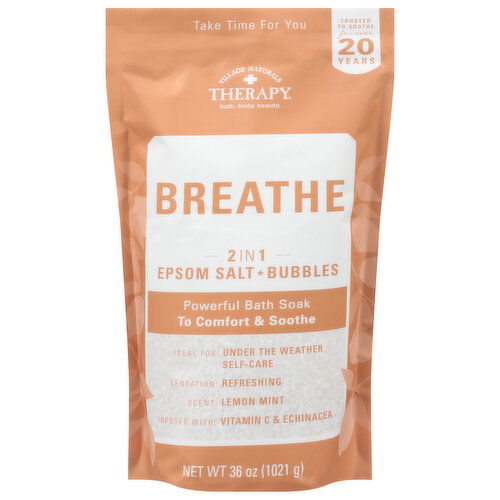 Village Naturals Therapy Bath Soak, Epsom Salt + Bubbles, Lemon Mint, Breathe, 2 in 1