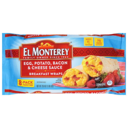 El Monterey Breakfast Wraps, Egg, Potato, Bacon & Cheese Sauce, 8-Pack Family Size