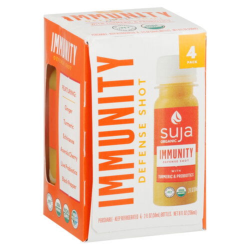 Suja Organic Defense Shot, Immunity, with Turmeric & Probiotics, 4 Pack