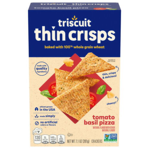 TRISCUIT Thin Crisps Tomato Basil Pizza Whole Grain Wheat Crackers, Lunch Snacks, Snack Crackers
