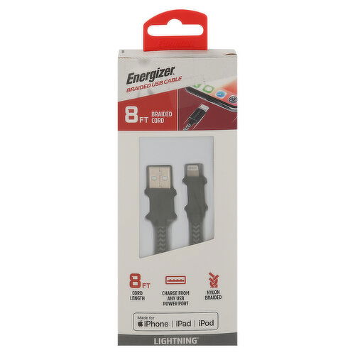 Energizer USB Cable, Lightning, Braided Cord, 8 Foot