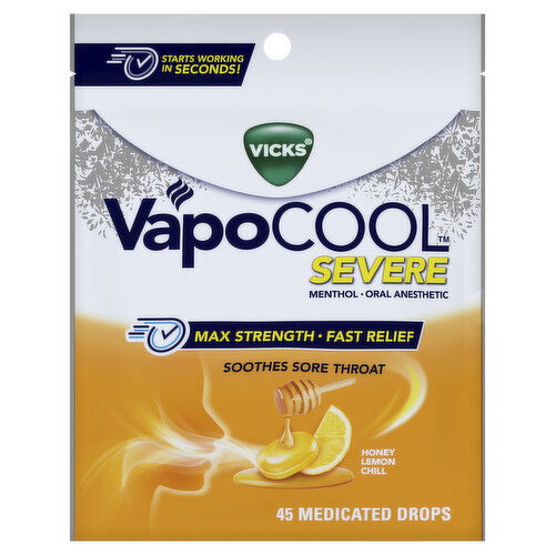 Vicks Severe VapoCool Severe Medicated Sore Throat Drops, Menthol, Honey Lemon