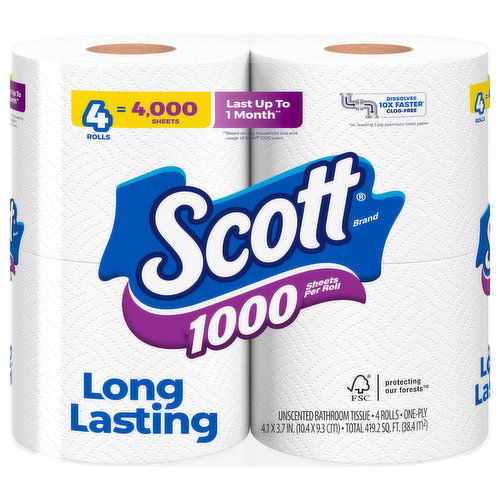 Scott Bathroom Tissue, Unscented, One-Ply