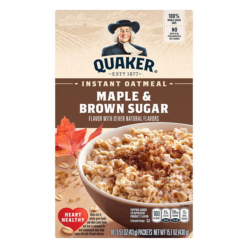 Quaker Instant Oatmeal, Maple & Brown Sugar, 10 Pack