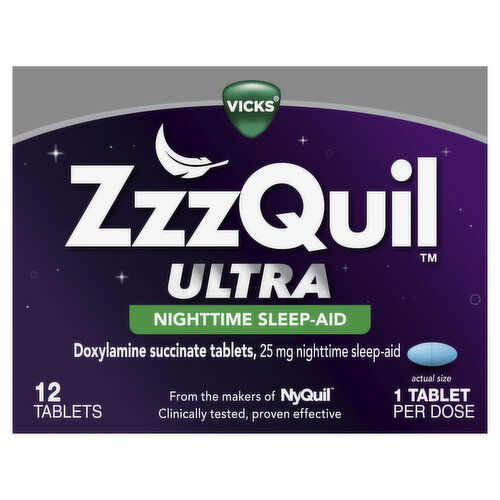 Vicks Ultra Vicks ZzzQuil Ultra Sleep Aid Tablets, 25mg Doxylamine Succinate, Over-the-Counter Medicine, 12 Ct