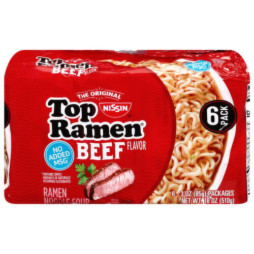 Nissin Top Ramen Ramen Noodle Soup, Beef Flavor, 6 Pack