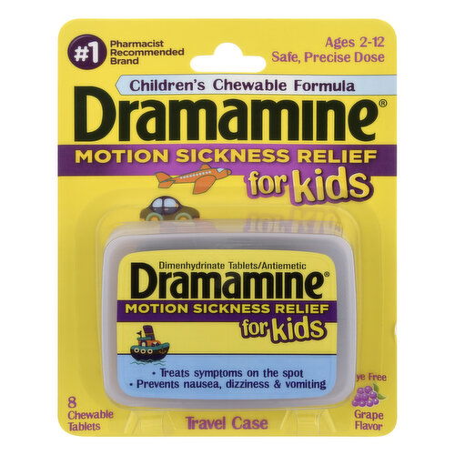 Dramamine Motion Sickness Relief, for Kids, Travel Case, Chewable Tablets, Grape Flavor