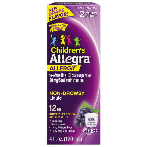 Allegra Allergy Relief, Non-Drowsy, Children's, Grape Flavor, Liquid, 2 Years & Older