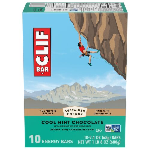 CLIF BAR - Cool Mint Chocolate with Caffeine - Made with Organic Oats - Energy Bars - Non-GMO - Plant Based Protein Bars (10 Pack)