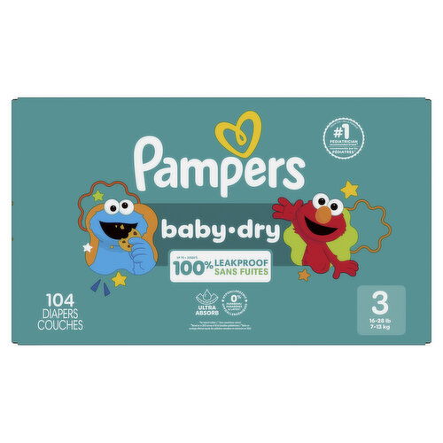 Pampers Baby Dry Pampers Baby Dry Diapers, Size 3, 16-28 lbs, 104 Count, Absorbent Disposable Diapers