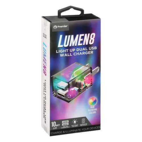 Lumen8 Wall Charger, Dual USB, Light Up, 10 Watt