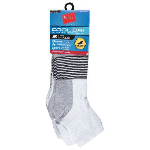 Hanes Cool Dri Socks, Ankle, White, Men's