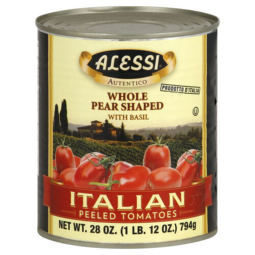 Alessi Tomatoes, Italian Peeled, Whole Pear Shaped, with Basil