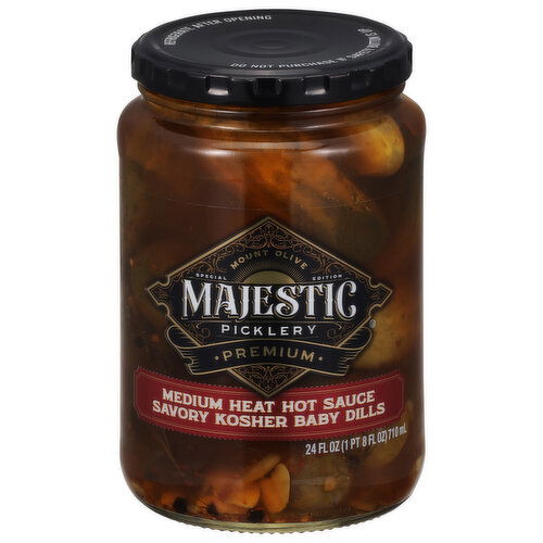 Mt Olive Majestic Picklery Pickles, Medium Heat Hot Sauce, Savory Kosher Baby Dills, Premium