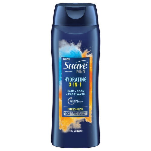 Suave Men Hair + Body + Face Wash, Hydrating, 3-in-1, Citrus & Musk