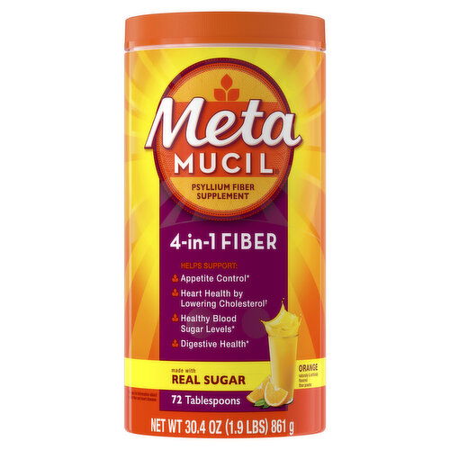 Metamucil Smooth Metamucil Daily Fiber Supplement, Psyllium Husk Fiber Powder, Real Sugar, Orange, 72 Ct